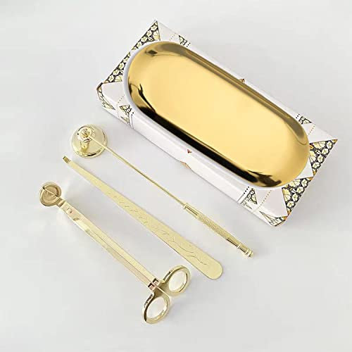 Chexin 4 Stücke Kerze Zubehör Set mit Kerzenlöscher, Kerzendochtschneider, Dochtzieher und Ablageschale, Edelstahl Kerzenwerkzeug Kit, Geschenk für Candle Lover(Gold)