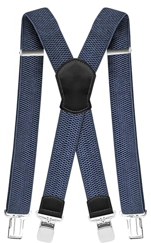Pejoye Bretelle da uomo larghe 4 cm 3,8 cm resistenti per pantaloni con 4 clip in metallo resistenti, regolabili ed elastiche, per uomini e donne, forma a X, Blu navy-nero, 27 * 11 * 3.5cm