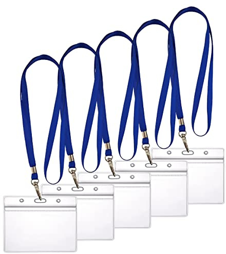 WEBBOMB Set 5x Ausweishülle ZIP Kartenhalter flexibel horizontal wasserdicht für 1-2 Ausweise und Karten Namensschilder ID-Card Schutzhülle transparent + 360° Schlüsselband Lanyard BLAU