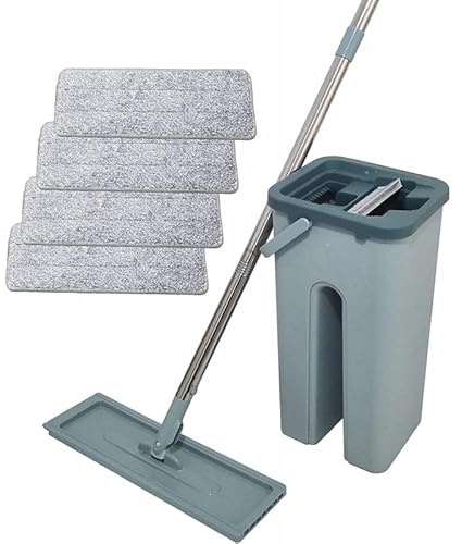Fregona mágica – VENTEO – Escoba extra grande y giratoria 360° – Cubo de 2 compartimentos para limpieza y estorage – 4 toallitas de microfibra