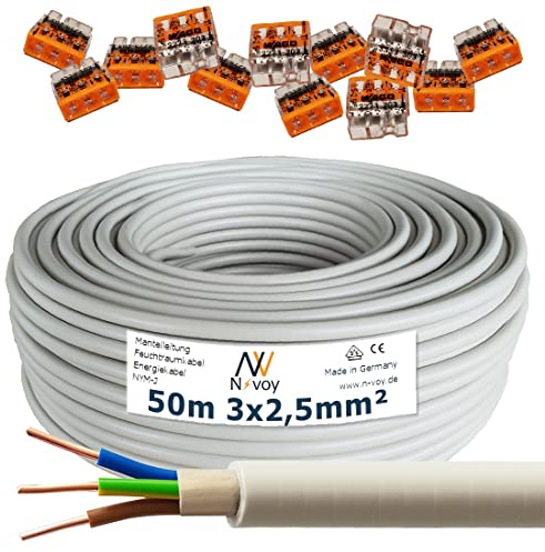 NYM-J 3x2,5 mm² 50m Mantelleitung Installationskabel mit 12 Stück Klemmen M91