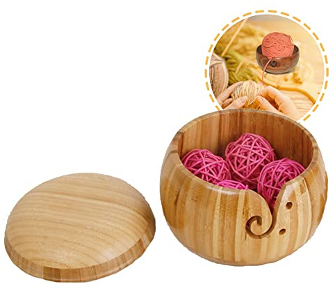 Garnschale aus Bambus, Garnschüssel mit Deckel, Wollhalter, Handgefertigte Webfadenschüssel zum Stricken/Häkeln(15*9.5cm)