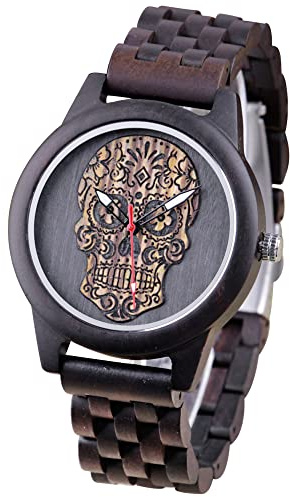 Tiong Herren Holzuhr Zifferblatt mit graviertem Knochengesichtsmuster Bambus Quarz-Uhr Für Männer Handgefertigte Hölzerne Verstellbares Armband Holzarmband(Q2038)