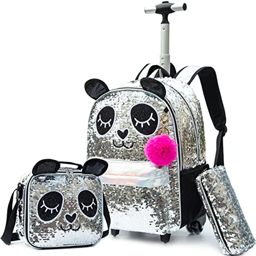 HTgroce Sac à dos avec chariot scolaire avec motif licorne, 3 en 1 pour garçons et filles, pour l'école primaire, pour la maternelle, cadeau d'école de fille., Panda à paillettes 2, 43 cm x 30 cm x 17