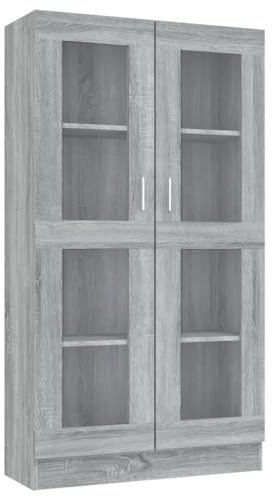 vidaXL Vitrine Cabinet- Elegant Engineered Wood Bookshelf - Modern Grey Sonoma Design – 4 Compartment Display Case - Glass Doors