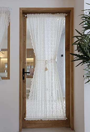 Devola Scheibengardine Lang Spitze Halbtransparent BxH 140x101cm 1 Stück | Balkontür Vorhang Türgardine mit Stangendurchzug Französischer Türvorhang Fensterschal, Weiße Gardinen für Terrassentür Küche