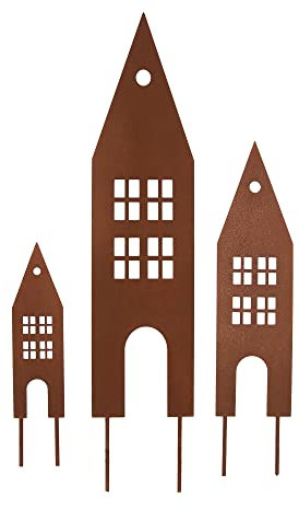 UNUS Decorazione da giardino 3 case, decorazione da giardino con effetto ruggine, decorazione casa in metallo arrugginito, per giardino, balcone, terrazza o vaso di fiori, resistente alle intemperie