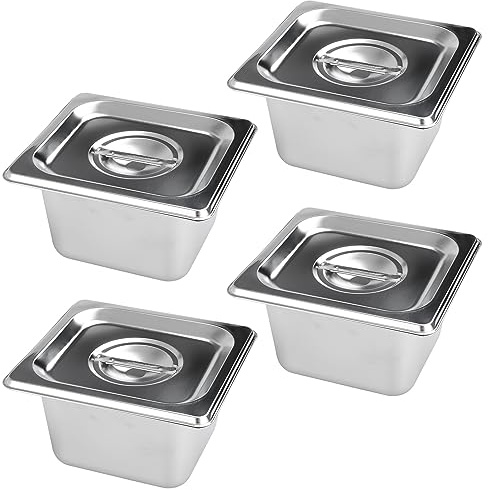 YAYODS 4PCS Stainless Steel Gastronorm Pan 1/6 with Lid,100mm Deep | Quarter Food Containers Pot Pan, Silver