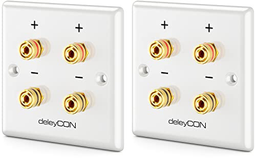 deleyCON 2 Piezas Toma de Conexión Toma de Pared Altavoces Multimedia Placa de Pared con Enchufes Tipo Banana para 2 Altavoz (Rojo/Negro) - Sistemas de Sonido Hi-Fi Surround y Cine en Casa Set de 2