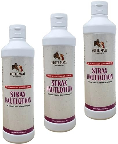 RL24 Hotte Maxe - Strax Hautlotion für Pferde – 3 x 500 ml Flasche (3er Set) | Ohne ätherische Öle – Mähnenliquid bei Mähnen- & Schweifscheuern – bei Juckreiz & Sommerekzem – Pferdepflege