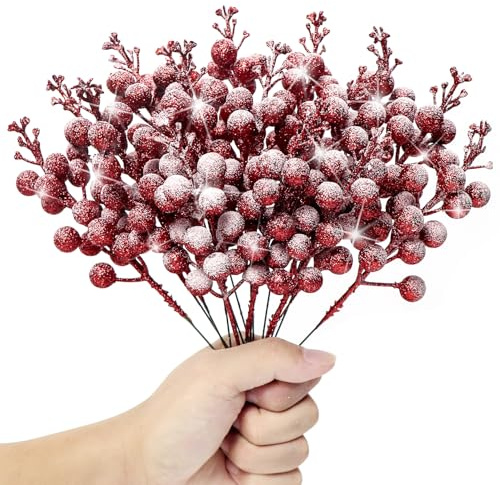Kunjocy 12 bacche natalizie glitterate innevate, bacche ghiacciate, decorazioni artificiali per ghirlande di Natale, ornamenti per albero di Natale (rosso)