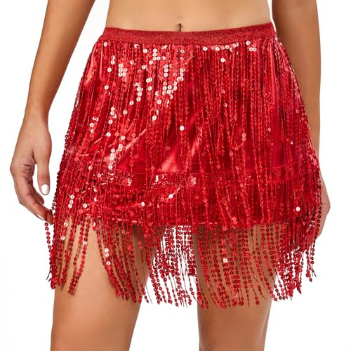 PLIKSUVER Damen Pailletten Quasten Rock Glitzer Rock Bauchtanz Hüftrock Karneval Fransen Rock Glitzer Wickelrock