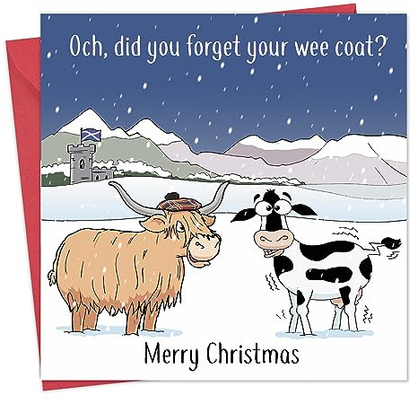 Twizler Lustige Weihnachtskarte mit schottischem Hochlandkuh – Frohe Weihnachten – Schottland-Humor – Herren & Damen Weihnachten für alle – 15.5 cm x 15.5 cm, Hochwertiger Karton, Tierdruck