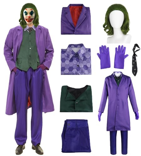 Clown Kostüm Herren Clown Cosplay Outfit lila Mantel mit Weste Hemd Hose Krawatte Handschuh Perücke 8 Pcs Deluxe Set Zubehör Karneval Männer Bösewicht Kostüme für Erwachsene Halloween Anzug C045-3XL