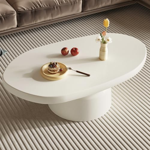 Guyii Oval Coffee Table, Modern Center Table, Cream White Tea Desk for Living Room, Bedroom, Home Office, Easy Assembly
