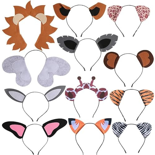 LEEMASING 12 pezzi Jungle Safari Zoo Animali Orecchie Cerchietto Bomboniere Per Costume Compleanno Halloween Party Favori