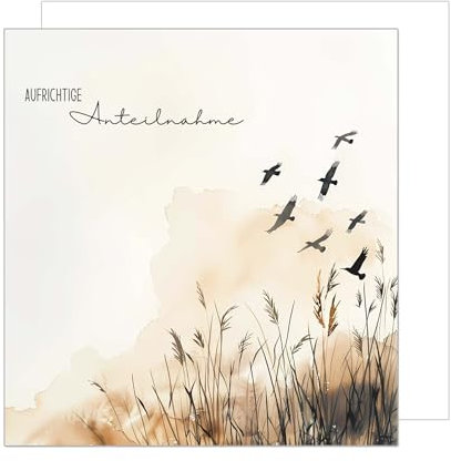 Edition Seidel Premium quadratische Trauerkarte mit Umschlag. Beileidskarte Karte In stiller Trauer Mitgefühl stille Anteilnahme Abschied herzliches Beileid Wiese Vögel Aquarell beige (TQ110 SW024)