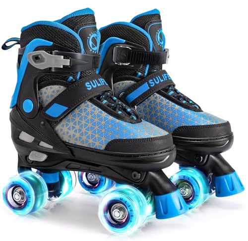 SULIFEEL 4 Sizes Adjustable Roller Skates for Kids, Quad Skates with Light up Wheels, Safe Fun Children Big Kids Skates for Ages 5-8, Best Gift for Beginners Outdoor Skates Sports (Blue, Medium)