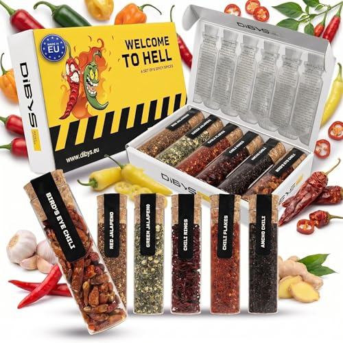 DIBYS WELCOME TO HELL Set de Regalo de Chiles Picantes | 6 Especias Picantes con Tarjetas de Recetas Incluidas | Juego de Especias con Copos de Chile, Ancho-Chile, Bird's Eye Chile y más | Regalos