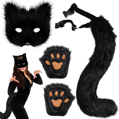 AUNGKWANG 3 Stück Schwarz Pelzige Fuchs Maske, Schwanz und Pfoten Handschuhe Set, Cosplay Kostüm Zubehör für Halloween Weihnachten Karneval Party Verkleiden für Kinder und Erwachsene
