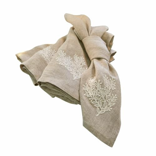 Loberon Serviette 4er Set Lysandria, Gewebte Textur, Aufwendig Bestickt, Filigranes Design, Tischwäsche, Tischdekoration, Geschmückte Tafel, Leinen, Baumwolle, leinen/Creme