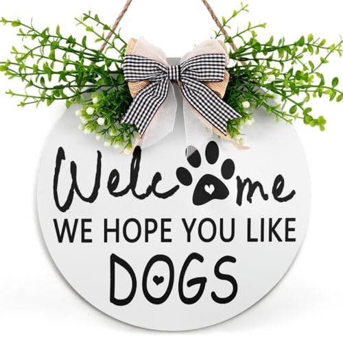 Welcome Sign for Front Door Wreath We Hope You Like Dogs Sign Round Welcome Door Sign Wood Plaque with Bowknot Decoration 12 x 12 Inches Farmhouse Welcome Wall Art for Home Accent