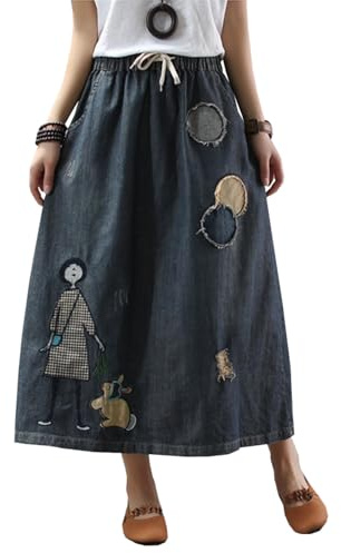 TACSTRUN Vintage Desgastado Largo Falda de Mezclilla Cintura Alta Bordado Holgado una línea Maxi Jean Faldas