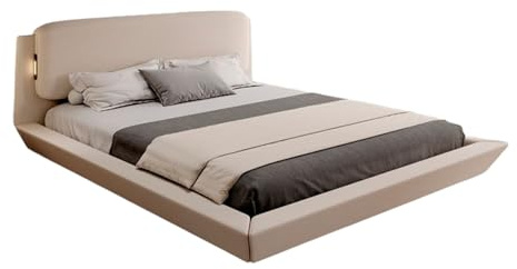 MB Muebles Bonitos, Letto Sospeso Matrimoniale 180x200cm Diana, Design Flottante con Illuminazione LED, Struttura in Legno Rivestita in Lino Beige, Rete a Doghe, 2 Porte USB