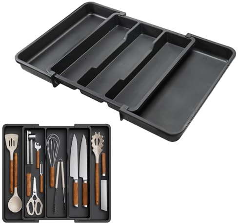 DBOO Expandable Cutlery Drawer Organiser - Adjustable Utensil Tray for Kitchen, Office & Bathroom, PP Material with 3-5 Compartments, Black