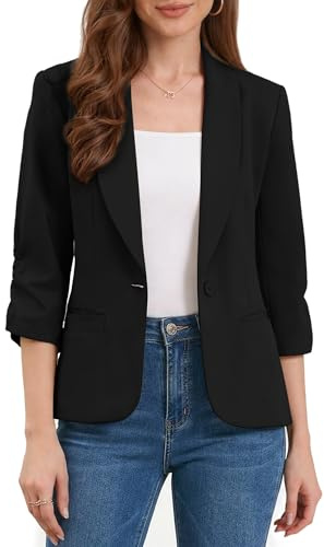 Allegra K Blazer De Trabajo para Mujer Solapa Chal Mangas 3/4 Bolsillo Un Botón Americana Corta De Oficina Negro S
