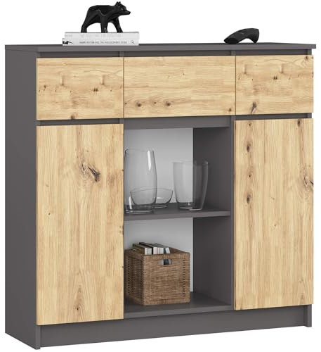AKORD Kommode K100 mit 3 Schubladen, Schrank mit 2 Tür 6 Regalböden, Für das Wohnzimmer Schlafzimmer, Moderne, 16mm Laminierte Platte, B101xH98xT35 cm, Farbe Graphitgrau & Artisan-Eiche