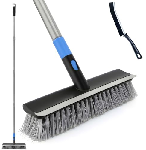 KeFanta Brosse de terrasse avec long manche, brosse à récurer 2 en 1 pour sol, brosse à récurer pour sol, 142,2 cm, poils rigides pour terrasse, béton, bateau, garage, salle de bain, cuisine, douche