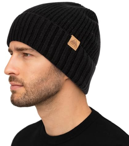 TOP-EX XL/XXL PolarWool vintermössa merinoull beanie herr varm stickad mössa med fleecefoder ullmössa dam vinter för skidor utomhus gåva, 96573_svart, M-L