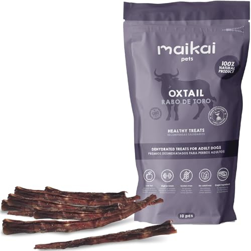 MAIKAI Snack Natural para Perros Rabo de Toro Todas Las Edades 10uds Chuches Naturales Premio para Cachorros sin Aditivos Dieta Barf Mordedor Regalo para Perros Fabricado en España