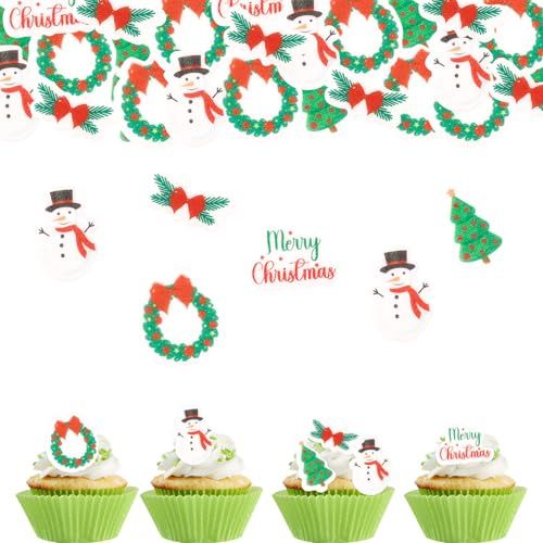 ENLACE 100 Stück Esspapier Weihnachten Tortendeko,Kleiner Merry Christmas Muffin Deko,Kuchen Deko Weihnachten Essbar,Merry Christmas Cupcake Topper Schneemann Weihnachtsbaum Kuchendeko Essbar