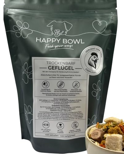 Happy Bowl - Trockenbarf Geflügel - Alleinfuttermittel für Hunde auf Basis natürlicher Inhaltsstoffe - Trockenfutter, Nassfutter oder Barf-Ersatz (500g (1er Pack))