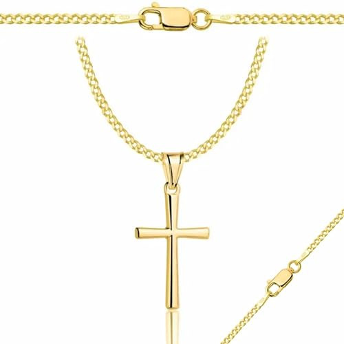 ZELYA Vergoldete Silberkette mit Kreuzanhänger 925 585 – 2mm Goldkette Herren Damen Panzerkette Kreuz Kette Schmuck Halskette Silber Gold Necklace Men Women, Gravur & Geschenkbox Inklusive