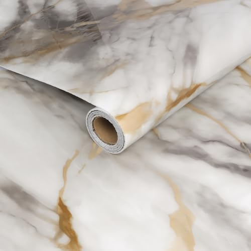Minicoco White Gold Marble Wrap for Kitchen Worktop Vinyl Covering Sticky Back Plastic Marble Effect White Waterproof Gold Self Adhesive Wallpaper for Bathroom Cabinet 40CM×300CM