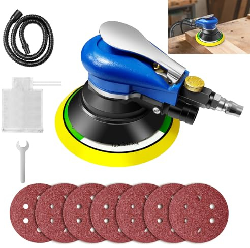 Air Random Orbital Sander 6 Dual Action Pneumatic Palm Sander Air Orbit Polisher with Speed Regulation,Dust Collection Hose & Bag and Sandpapers,Fit for Woodworking/Sanding