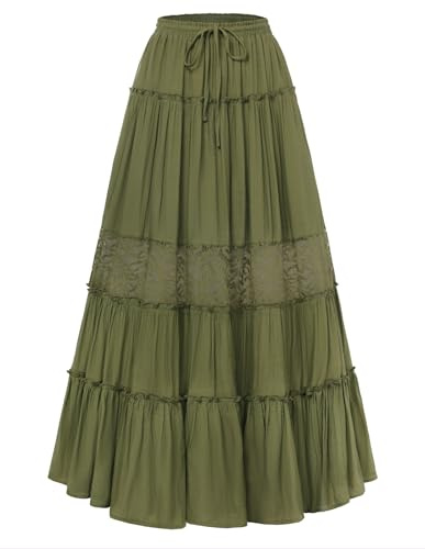 SCARLET DARKNESS Falda larga renacentista de encaje para mujer, falda larga con cordón y cintura elástica, acampanada, con bolsillos, verde oliva, XL