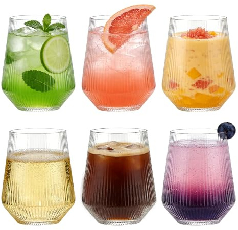 Set of 6 460ml Ribbed High Wine Glasses ，Lead-Free,Versatile Drink Glasses for Water Cocktails and Beverages, Perfect for Casual Gatherings and Formal Dinners