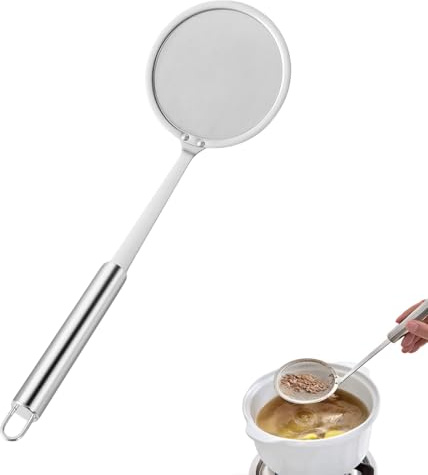 Cucchiaio per schiuma, 10 cm, in acciaio inox, 100 mesh, separatore grasso con manico, cucchiaio per filatura, utensili da cucina per residui di cibo, grasso e schiuma