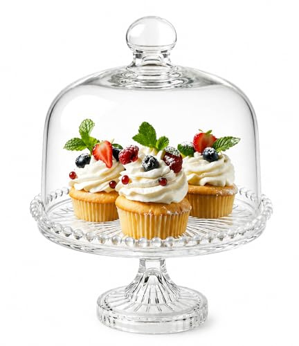 Vessler Tortenplatte mit Fuß und Glashaube (25cm) – Edle Kuchenglocke aus hochwertigem Glas – Spülmaschinenfest – Gebäckplatte mit Perlrand für Torten, Cupcakes & Makronen – Servierplatte mit Deckel