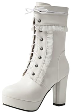 OTMYIGO Platåstövlar med halv vad för kvinnor Block High Heels | Höjd 10 cm, Rund tå med snörning Goth Block, varma höst- och vinterstövlar