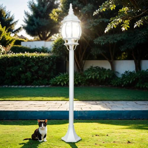 Licht-Erlebnisse Wegeleuchte Außen aus Glas Aluminium in Weiß IP23 Garten 115,5 cm hoch E27 Mast Laterne Rusikale Stehleuchte Outdoor BREST