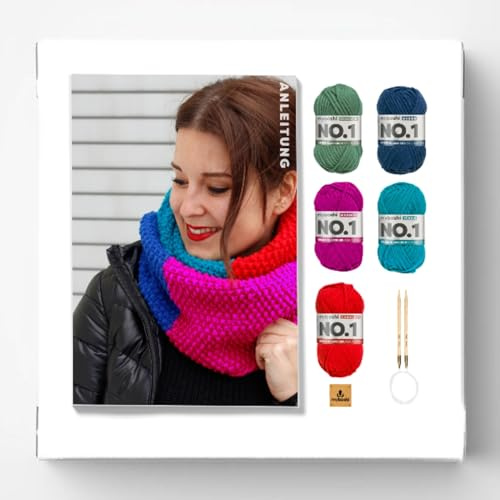 myboshi Strickset Schal New Haven, inkl. No.1 Wolle, Rundstricknadel, Anleitung und Label, Strickpaket für Anfänger, 30% Merinowolle, Pink, mit Rundstricknadel