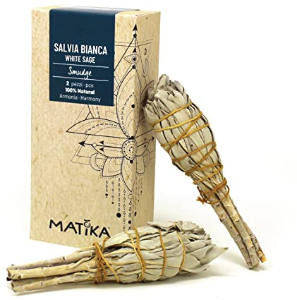 MATIKA - Incienso de Salvia Blanca Seca - 2 Piezas cm 12x3 (Salvia Apiana) - Incienso Natural - fumigación, Aroma, rituales, purificar el Ambiente, Ceremonias, reequilibrar Las energías