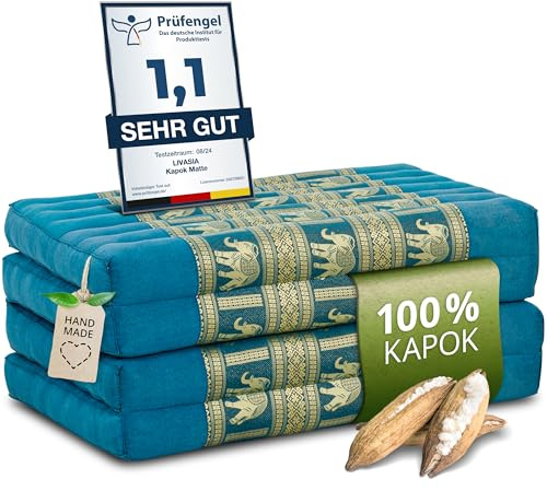 Nachhaltige Klappmatratze aus Kapok - 200x80x8cm - Gästematratze mit Thaiseide, Matratze faltbar für Van, ökologische Yogamatte, Gästebett klappbar, Liege Garten Balkon (Hellblau/Elefanten Seide)