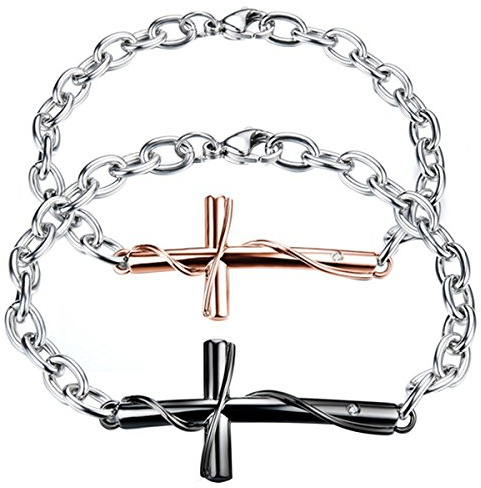 Cupimatch 2pcs Pärchen Armbänder, Panzerarmband mit Gravur LOVE Zirkonia Panzerkette Kreuz Freundschaftsarmband Valentinstag Damen Herren Armreif geschenk silber schwarz rosegold