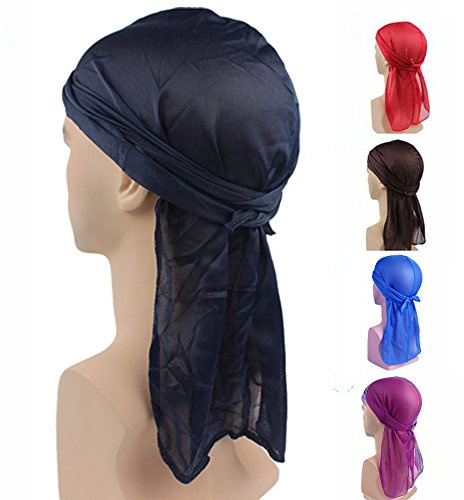 Samidy 5 Pieces Breathable Bandana Hat Silky Durag do doo du rag long tail headwrap Pirate Cap